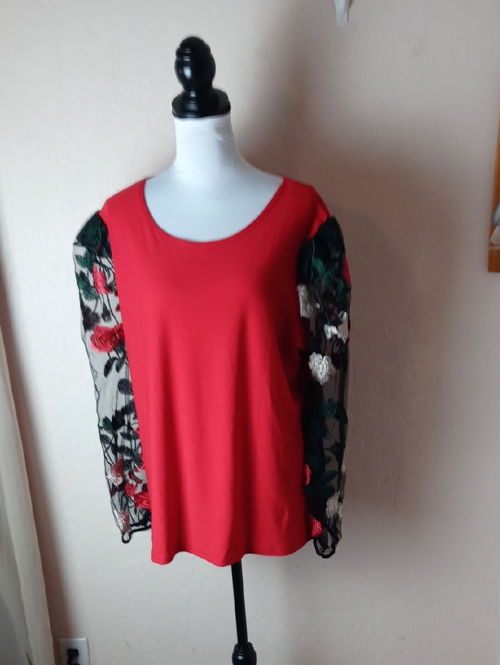 A Love Story Red Top with Floral Embroidered Statement Sleeves